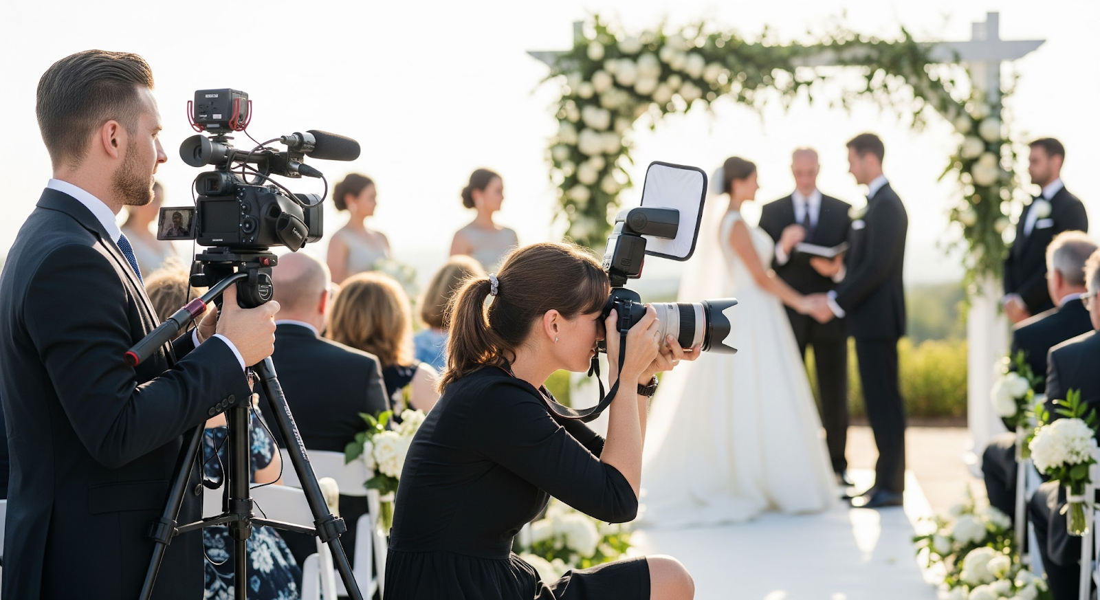 Professional wedding photographer and videographer capturing a couple’s outdoor ceremony under a floral arch in New Jersey