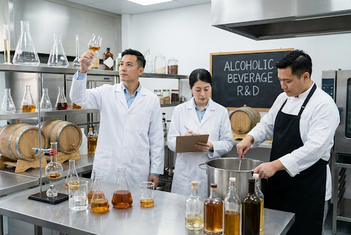 Alcoholic beverage formulation testing in a laboratory.