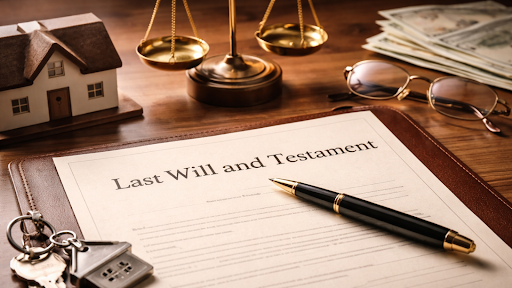 Close-up of a Last Will and Testament document on a wooden desk with a pen, gavel, scales of justice, house keys, glasses, and stacked law books arranged around i